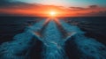 Majestic sunrise over the ocean, wake trails Royalty Free Stock Photo