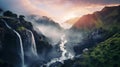 Majestic Sunrise Waterfall In Norwegian Nature Uhd Image With Multiple Filter Effects