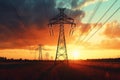 Majestic sunset meets renewable energy, Solar panels and electricity pylon Royalty Free Stock Photo