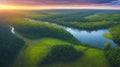 Majestic sunset in the nature landscape. Aerial panorama of blue calm river in the forest and fields at the sunset. Royalty Free Stock Photo