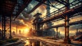 A majestic sunset over an abandoned industrial complex, showing rusting metal structures and a dramatic sky. Generative AI Royalty Free Stock Photo
