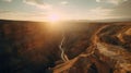 A majestic sunset over a canyon with dramatic shadows and highlights