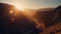 A majestic sunset over a canyon with dramatic shadows and highlights