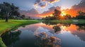 Majestic Sunset Over Golf Course With Pond Royalty Free Stock Photo