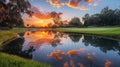 Majestic Sunset Over Golf Course With Pond Royalty Free Stock Photo