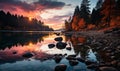 Majestic Sunset Over Lake With Rocks and Trees Royalty Free Stock Photo