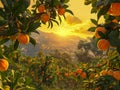 Majestic Sunset Over Lush Orange Grove with Golden Rays Penetrating Vibrant Citrus Trees