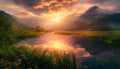 Majestic sunset over mountains, vibrant meadow, tranquil water, natural beauty