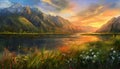 Majestic sunset over mountains, vibrant meadow, tranquil water, natural beauty