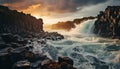Majestic sunset over rocky coastline, waves breaking, nature beauty reflected generated by AI Royalty Free Stock Photo