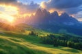 Majestic Sunset Over Rolling Green Hills and Dramatic Mountain Peaks Royalty Free Stock Photo