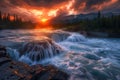 Majestic Sunset Over Rushing River and Waterfall in Scenic Mountain Landscape with Vivid Sky