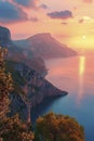 Majestic Sunset Over Tranquil Coastal Cliffs and Calm Sea Waters