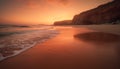 Majestic sunset over tranquil coastline, waves reflecting golden twilight beauty generated by AI