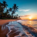 Majestic sunset over a tranquil tropical beach with swaying palm trees. AI-generated. Royalty Free Stock Photo