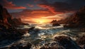 Majestic sunset over tranquil water, reflecting twilight beauty generated by AI