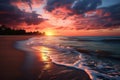 Majestic sunset with radiant clouds above tranquil beach, waves gently kissing the sandy shore