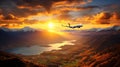 Majestic Sunset. Serene Landscape and Graceful Airplane in Vibrant Sky