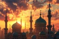 A Majestic Sunset View of a Towering Building With Numerous Spires, Scenic sunset over an architectural landscape of domes and