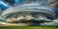 A majestic supercell thunderstorm with a rotating wall cloud over a verdant field. Generative AI Royalty Free Stock Photo