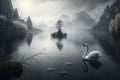 A Majestic Swan and Her Three Cygnets on a Chinese Lake with a Serene Island