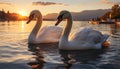 Majestic swans grace tranquil pond, reflecting nature beauty at sunset generated by AI