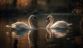 Majestic swans swim in tranquil pond waters generated by AI