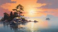 Antique Sunset Painting With Trees On Water And Mountains Royalty Free Stock Photo