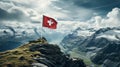 Majestic swiss mountain range with the iconic flag of switzerland waving proudly in the foreground