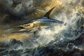 Majestic Swordfish Leaping Through Ocean Waves Under Stormy Skies, Dynamic Marine Life Illustration, Dramatic Seascape Artwork Royalty Free Stock Photo