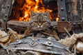 Majestic Tabby Cat Lounging in Medieval Armor in Front of Roaring Fireplace, Embodying Fantasy Warrior