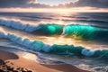 The Majestic Tale of Sea Waves Transformed into a Regal Green by the Sunset\'s Glow, the Golden Sandy Beach. AI generated