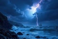 A majestic tall ship braving a dramatic nightscape of ocean waves and a striking lightning bolt. Generative AI Royalty Free Stock Photo