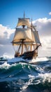 Majestic tall ship sailing dynamically through powerful ocean waves under a bright blue sky. Royalty Free Stock Photo