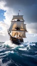 Majestic tall ship sails through stormy seas with dramatic clouds and ocean waves Royalty Free Stock Photo