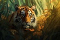 Majestic Tiger head closeup grass. Generate Ai