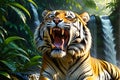 Majestic Tiger Mid-Roar - Cascading Waterfall in Background, Dense Jungle Foliage, Dew-Kissed Fur Glistening in Sunlight Royalty Free Stock Photo
