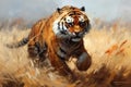 Majestic tiger in natural habitat, expressive oil art style, captivating wildlife illustration