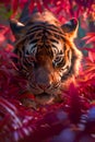 Majestic Tiger Peering Through Lush Crimson Foliage in a Vibrant Jungle Setting Wildlife, Predator, Beauty in Nature Royalty Free Stock Photo