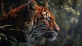 Majestic Tiger Profile in Natural Habitat, The side profile of a majestic tiger, showcasing its intense gaze and beautiful