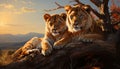 Majestic tiger resting in the wild, staring into tranquil sunset generated by AI Royalty Free Stock Photo