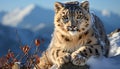 Majestic tiger sitting in snow, gazing at camera with intensity generated by AI
