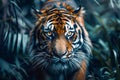 Majestic Tiger Stalking Through Dense Jungle Foliage, Intense Gaze of Apex Predator, Wildlife Photography, Vibrant Nature Scene Royalty Free Stock Photo