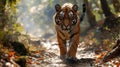 Majestic Tiger Staring Intently in Lush Forest Environment.