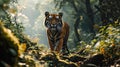 Majestic Tiger Staring Intently in Lush Forest Environment.