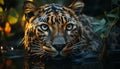 Majestic tiger staring, wild beauty in nature, green spotted forest generated by AI