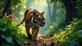 Majestic tiger strolling through lush green forest under soft sunlight on a dirt path. Generative AI Royalty Free Stock Photo