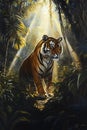 A majestic tiger walking through a lush jungle setting Royalty Free Stock Photo