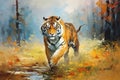 Majestic tiger in the wild, surrounded by nature oil painting art style illustration Royalty Free Stock Photo