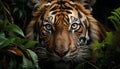 Majestic tiger, wildcat staring, striped fur, fierce eyes, tropical forest generated by AI Royalty Free Stock Photo